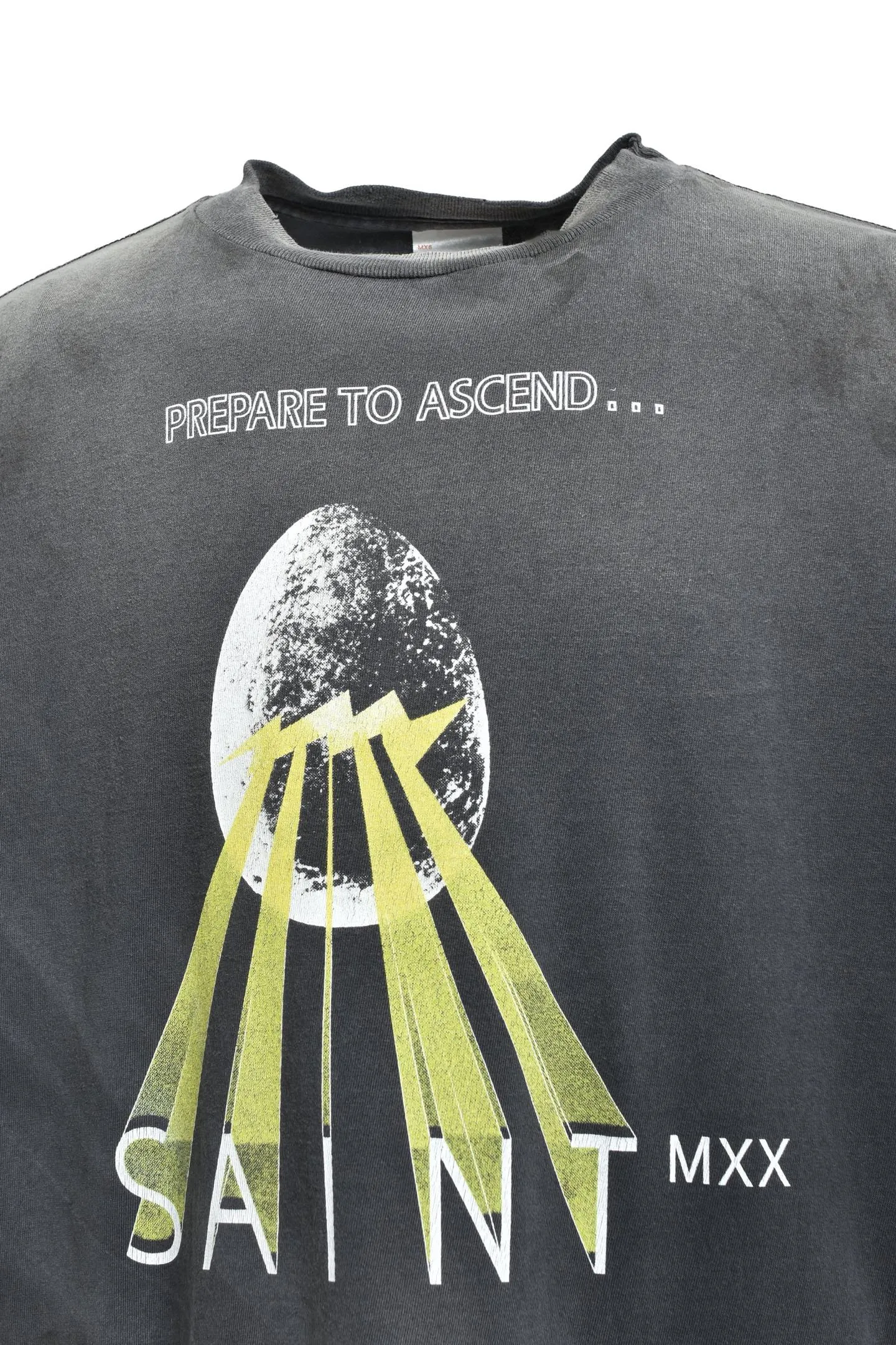 SAINT Mxxxxxx EGG SS TEE/BLK Broken egg shell/SAINT LOGO projection distressed retro short-sleeves Washed black S-XL Correct version Customized co-branded main mark/washed mark/cherub mark Tubular fabric Garment dyeing Rewashing water fading Destroying graffiti Simulating natural distressed effect Top-notch printing technology Washing treatment